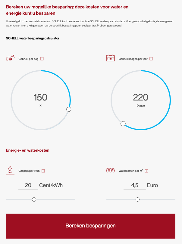 Met de calculatiemodule op de website van Schell kunnen gebruikers in enkele kliks zien, hoeveel water ze in het gebouw of de woning kunnen besparen.